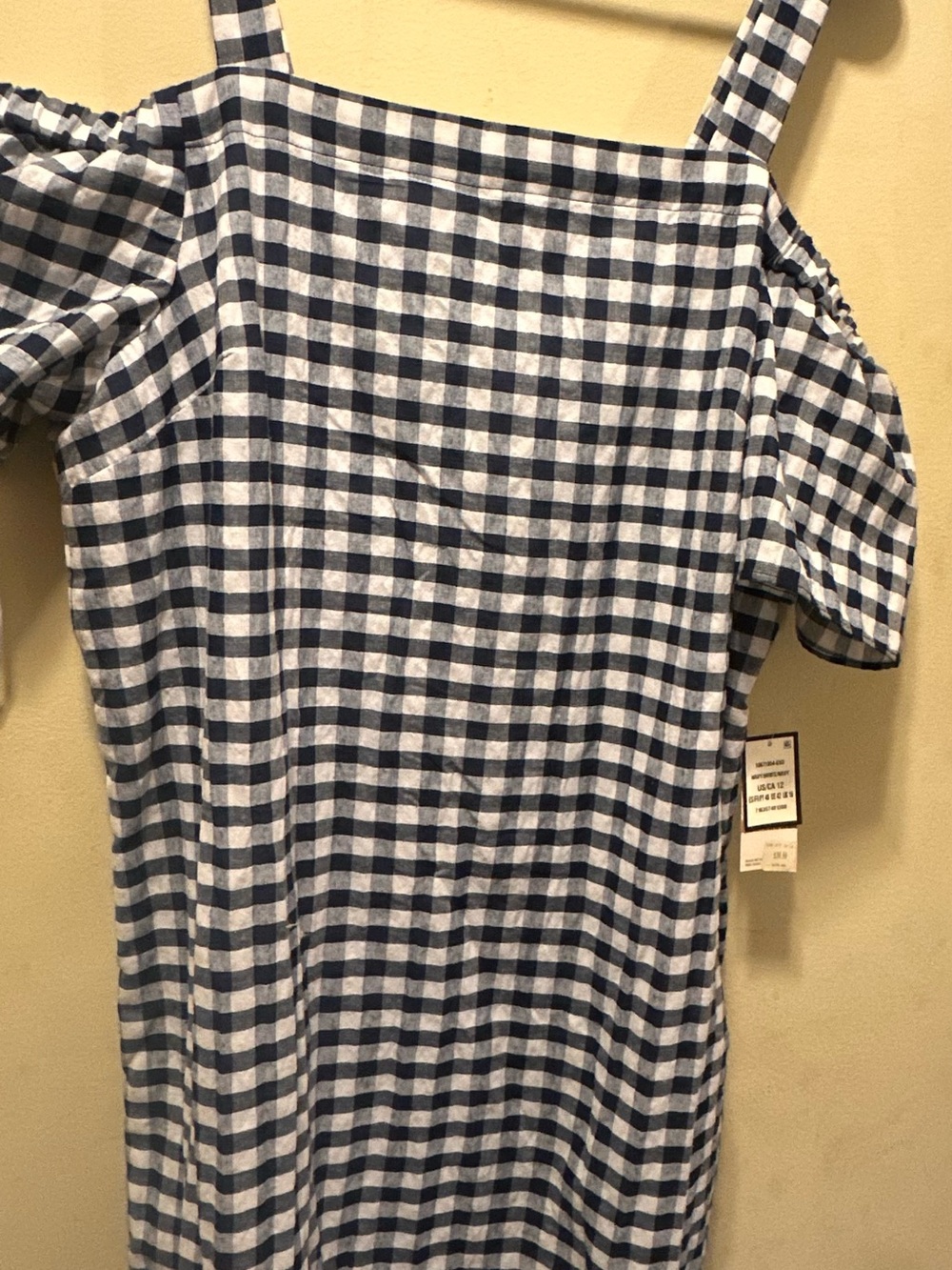 NEW. Nine West Blue and White Gingham Off-Shoulder Dress